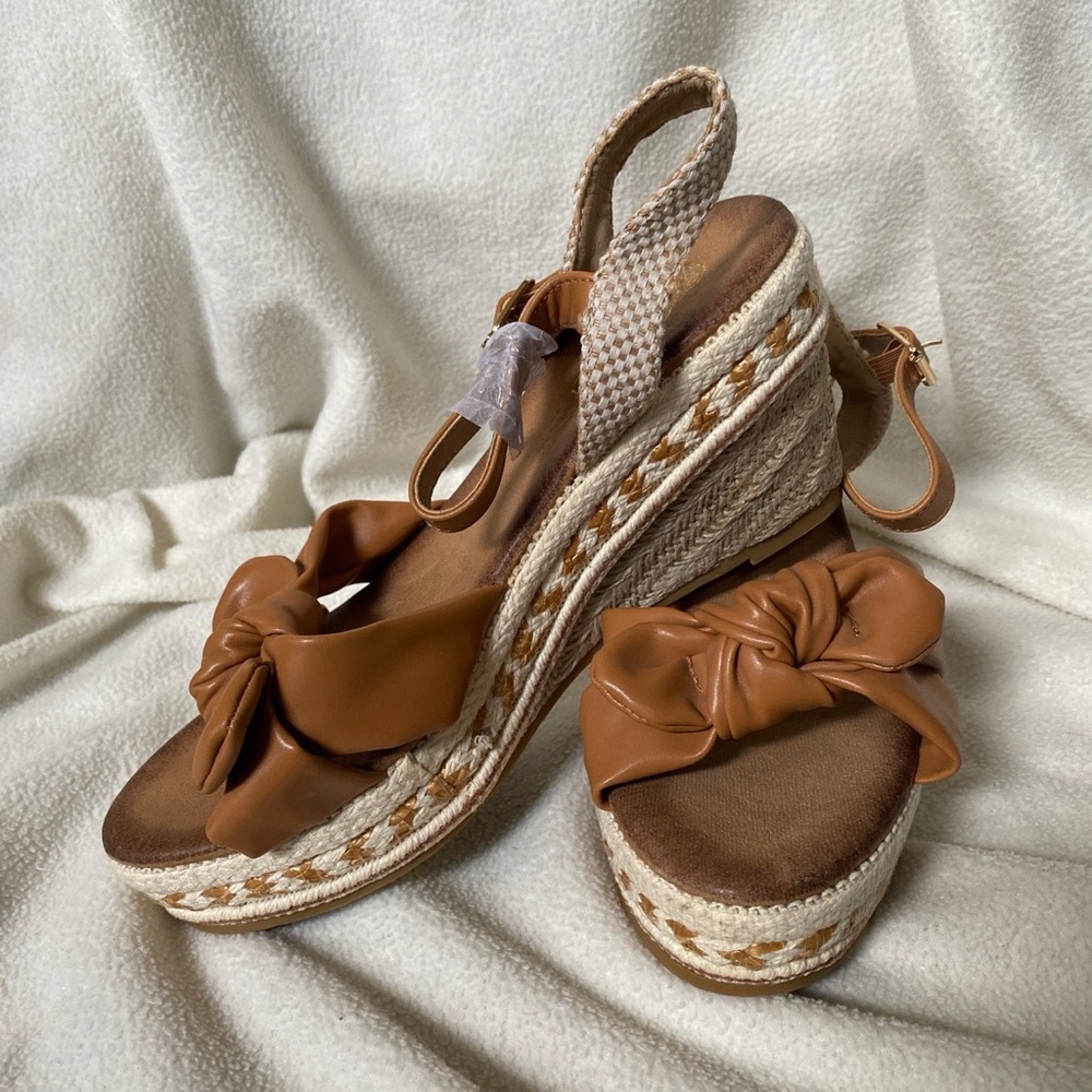 Cognac Knot Wedge Espadrille Sandals with Ankle Strap